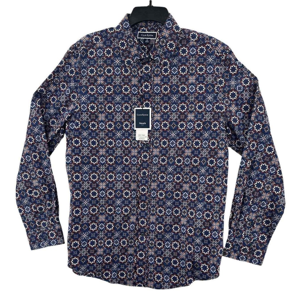Club Room Refined Woven Shirt Geometric Print‎ Long Sleeve Button Down Medium